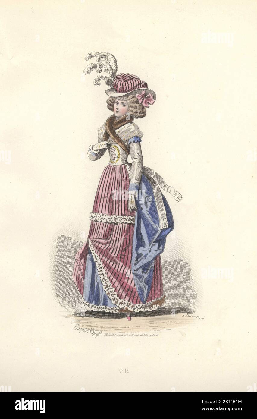 Woman in tricolor outfit: red and white striped bonnet and dress, blue sash and petticoat, white fichu, ribbons and frills.. Era of Marie Antoinette. Handcolored engraving by A. Lacourriere after an illustration by Francois-Claudius Compte-Calix from Costume de lEpoque de Louis XVI. Paris, 1869. Stock Photo