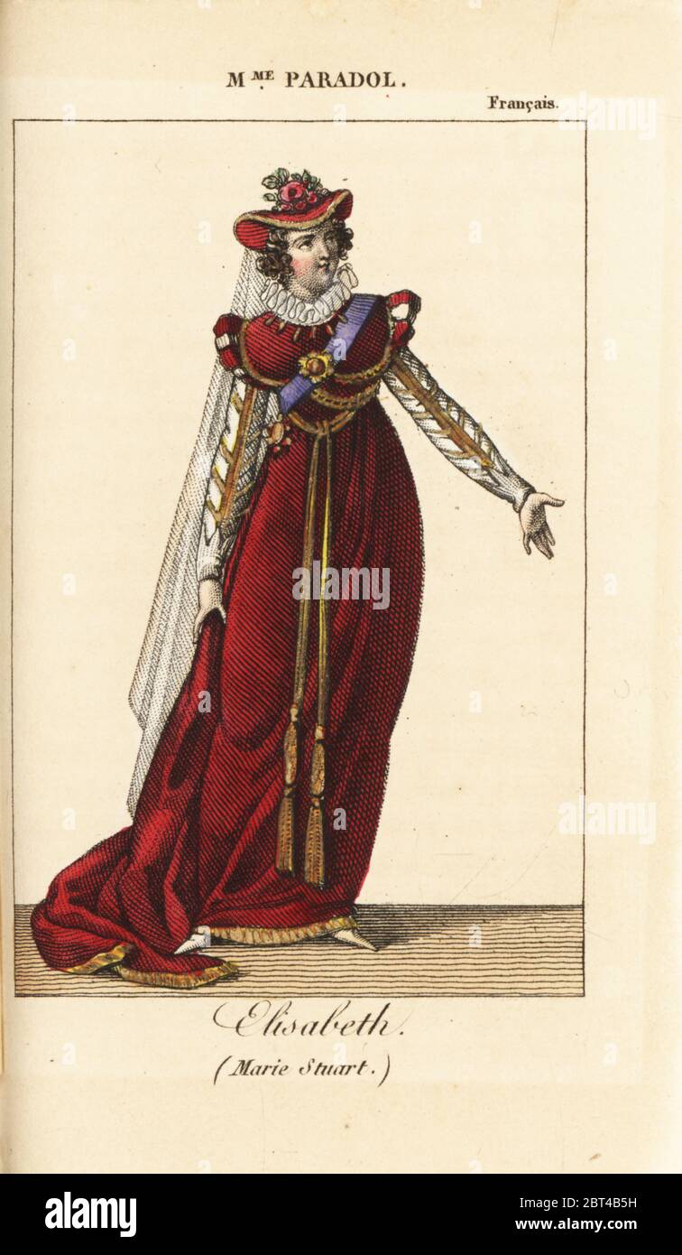 French actress Mme. Anne Catherine Lucinde Paradol (1798-1843) as Elisabeth in Marie Stuart by Friedrich Schiller at the Theatre Francais. Handcoloured copperplate engraving from Charles Malo's Almanach des Spectacles par K. Y. Z, Chez Louis Janet, Paris, 1821. Stock Photo