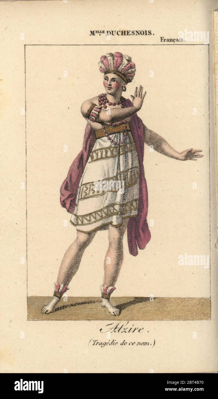 French actress Mlle. Josephine Duchesnois 1777-1835 as the Inca princess Alzire in the play Alzire by Voltaire at the Theatre Francais, Paris, 1817. Handcoloured copperplate engraving from Charles Malo's Almanach des Spectacles par K. Y. Z, Chez Louis Janet, Paris, 1819. Stock Photo