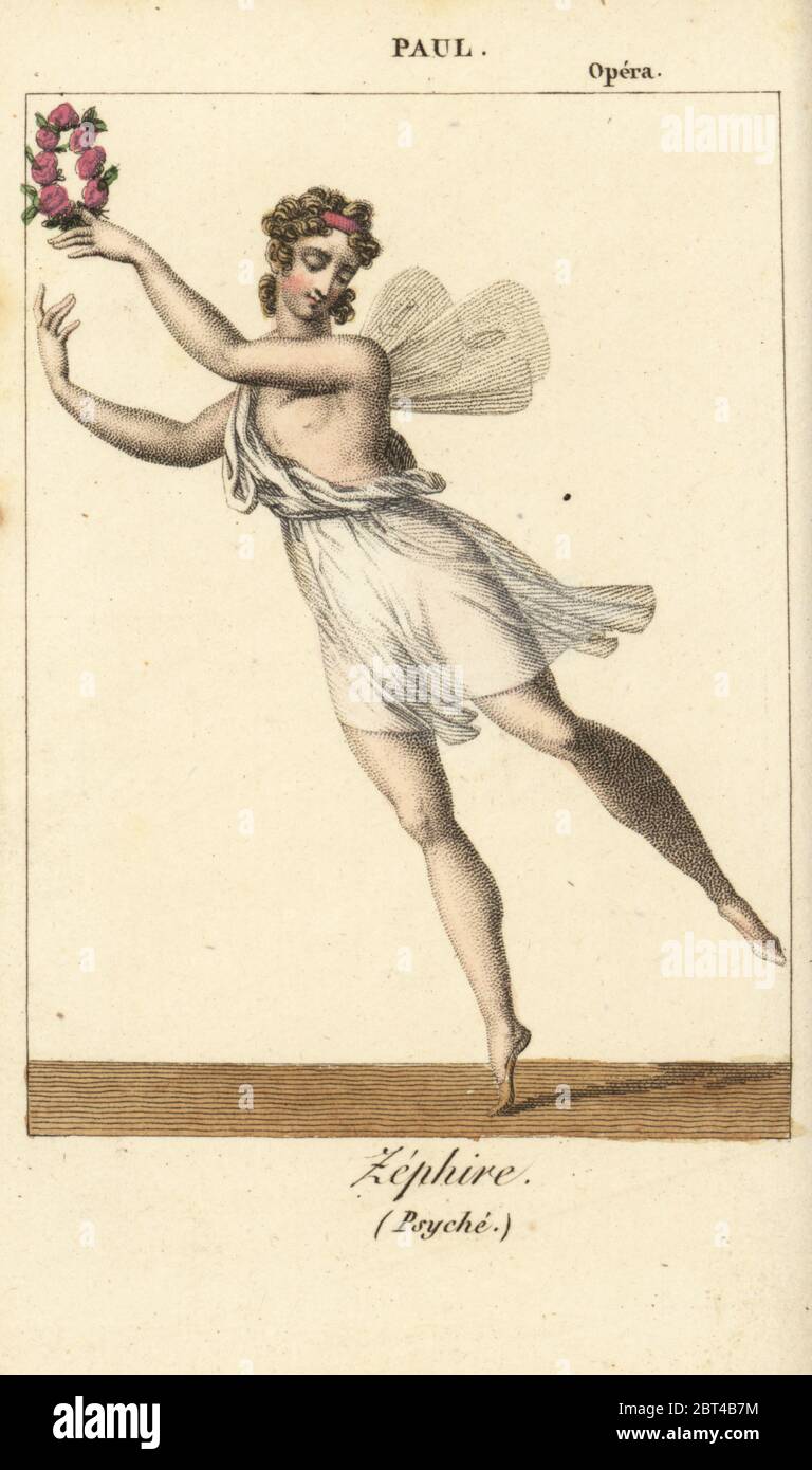 French ballet dancer Paul as Zephyr in Psyche by Stanislas Champein at the Opera de Paris, 1817. Handcoloured copperplate engraving from Charles Malo's Almanach des Spectacles par K. Y. Z, Chez Louis Janet, Paris, 1819. Stock Photo