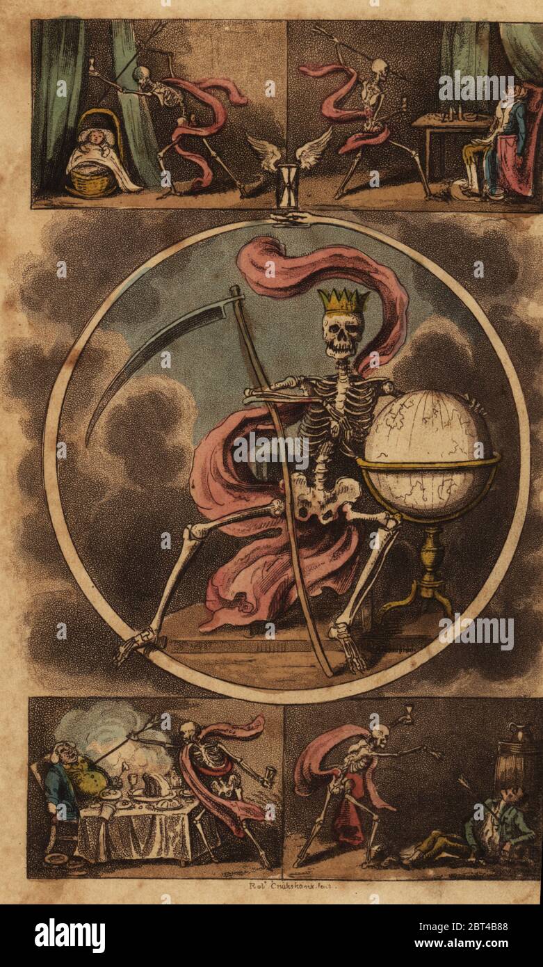Frontispiece with skeleton of death seated with scythe and globe. Vignettes of death attacking a baby, an invalid, a glutton and a drunkard. Handcoloured copperplate engraving by Robert Cruikshank from The British Dance of Death, Hodgson, London, 1823. Stock Photo