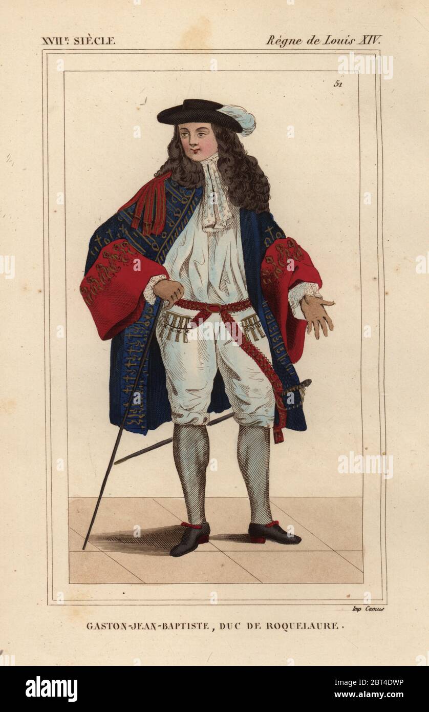 Gaston Jean Baptiste de Roquelaure (1615-1683), Duke of Roquelaure.  Grand-master of the garde-robe of King Louis XIV. Handcoloured lithograph  after a portrait by Bonnard from Le Bibliophile Jacob aka Paul Lacroix's  Costumes