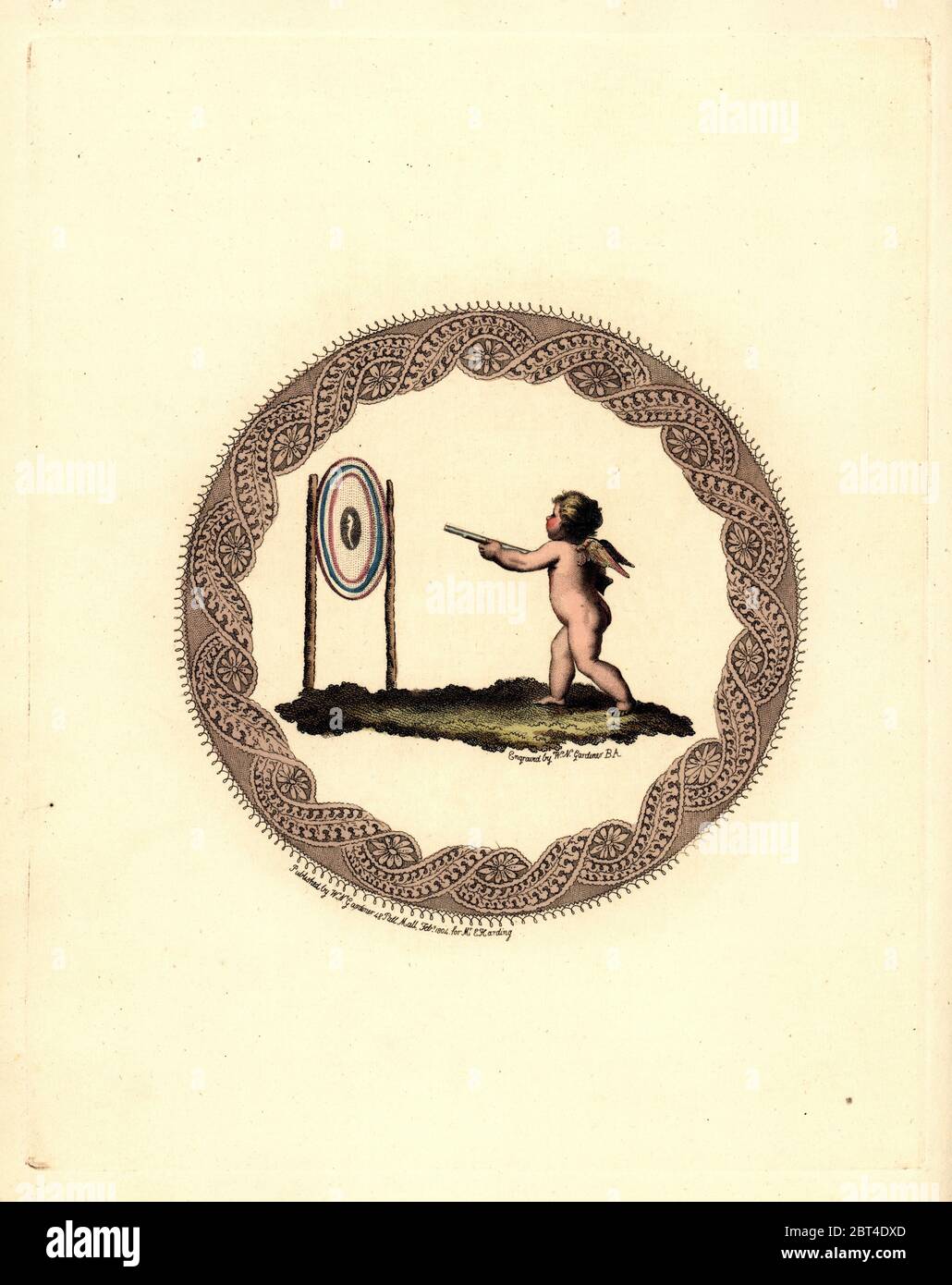 Cupid hits the centre of the target. Handcoloured copperplate engraving by  William Nelson Gardiner after an illustration by Princess Elizabeth from  Thomas Parks Cupid Turned Volunteer, London, 1804 Stock Photo - Alamy