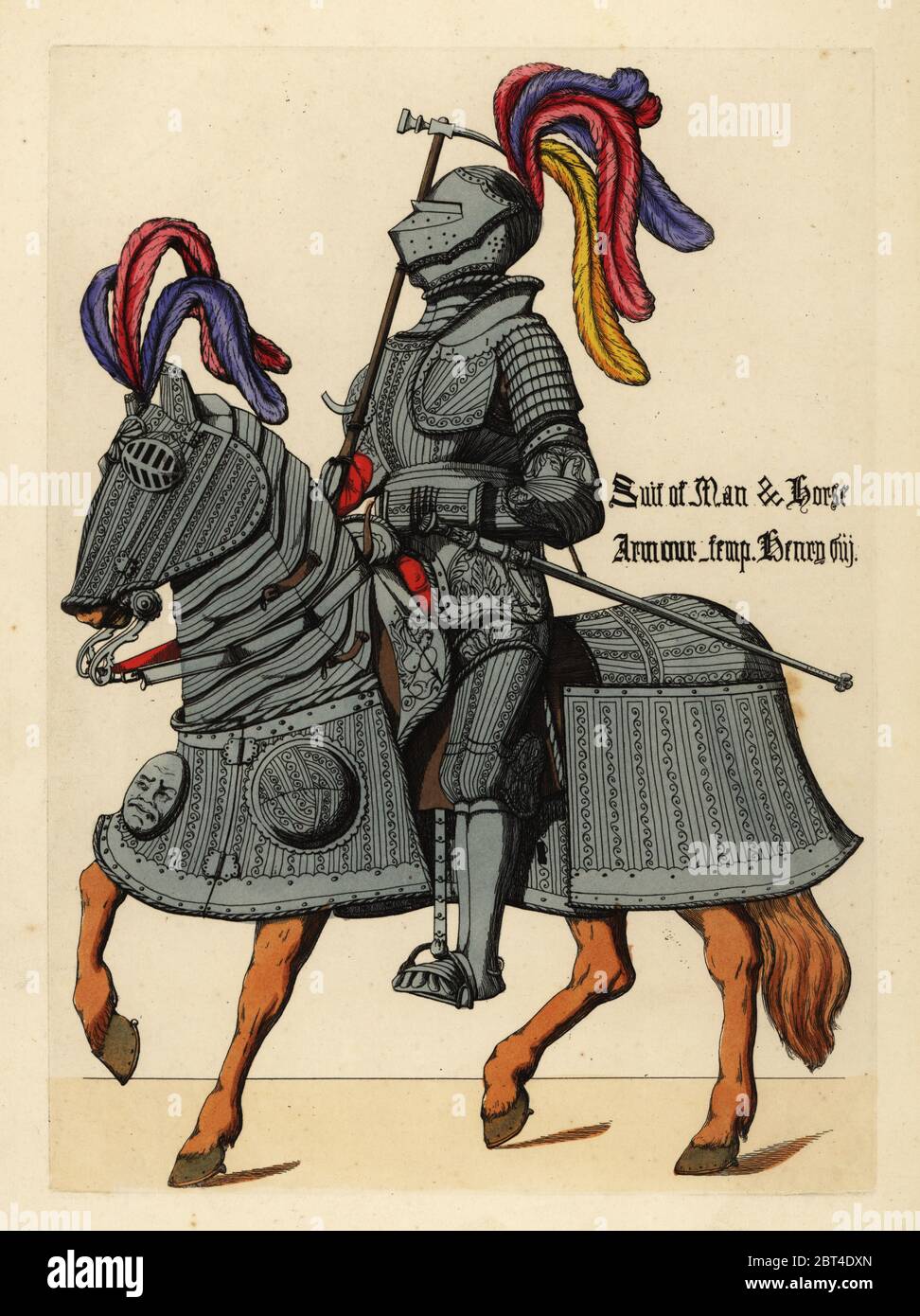 Suit of engraved plate armour and horse barding, reign of King Henry VIII,  16th century. Knight in suit of armour, bourgonet helmet decorated with  drooping plumes, pauldrons, passe garde, sollerets, with sword