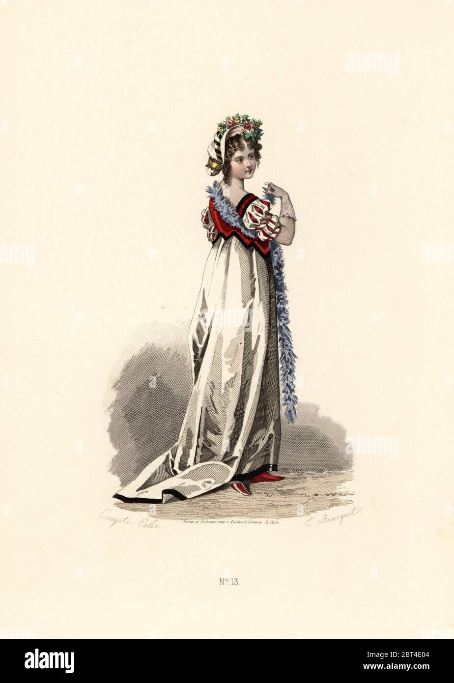 Woman in white dress with black velvet trim, red waistcoat, blue fur sash, white hat ornamented with flowers. Handcoloured lithograph by E. Bracquet after an illustration by Francois-Claudius Compte-Calix from Les Modes Parisienne sous le Directoire Aux Bureaux des Modes Parisiennes, Paris, 1871. Stock Photo