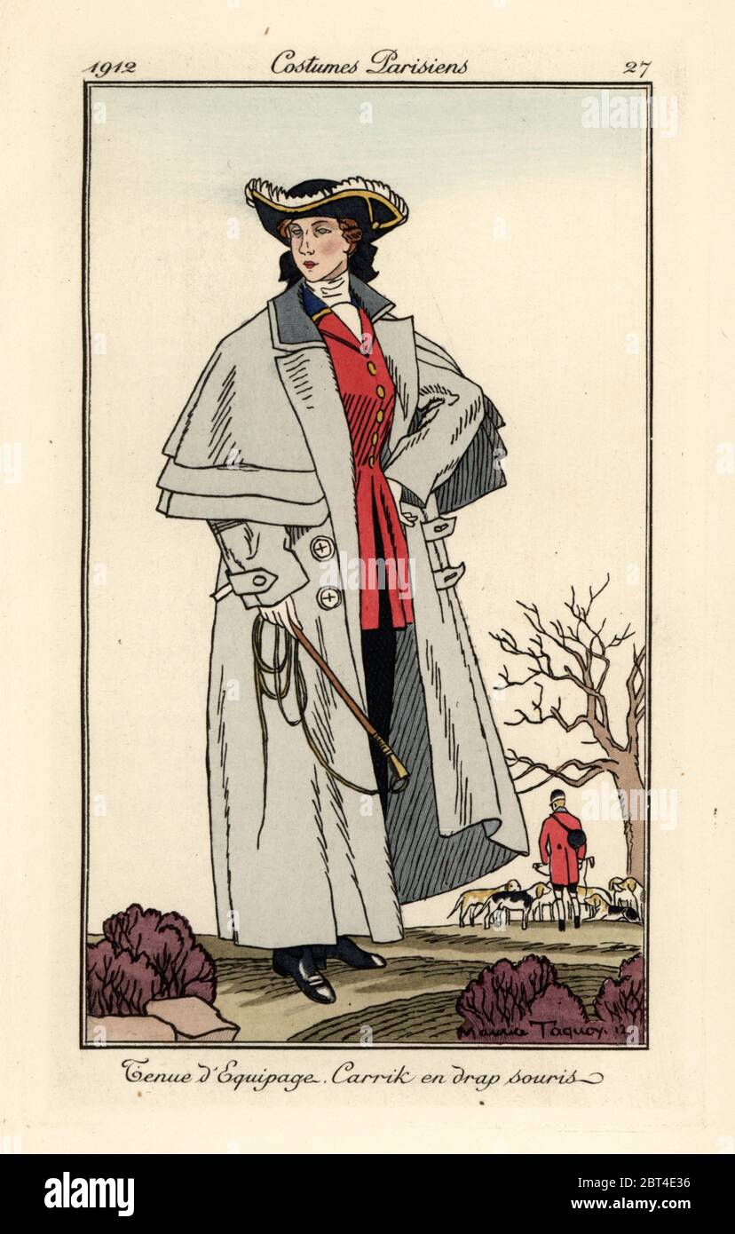 Woman in hunting outfit and mouse-grey carrick coat holding a whip. Tenue dequipage, carrik en drap souris. Handcoloured pochoir (stencil) etching after an illustration by Maurice Taquoy from Tommaso Antonginis Journal des Dames et des Modes, Aux Bureaux du Journal des Dames, Paris, 1912. Stock Photo