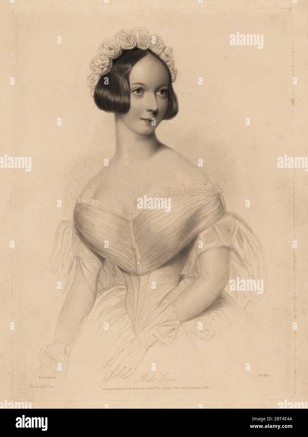 Miss Gore. In off-the-shoulder dress with tight waist, hair decorated with a garland of roses. Steel stipple engraving by William Henry Mote after an illustration by William Drummond from Charles Heaths English Pearls, or Portraits for the Boudoir, Tilt and Bogue, London, 1843. Stock Photo