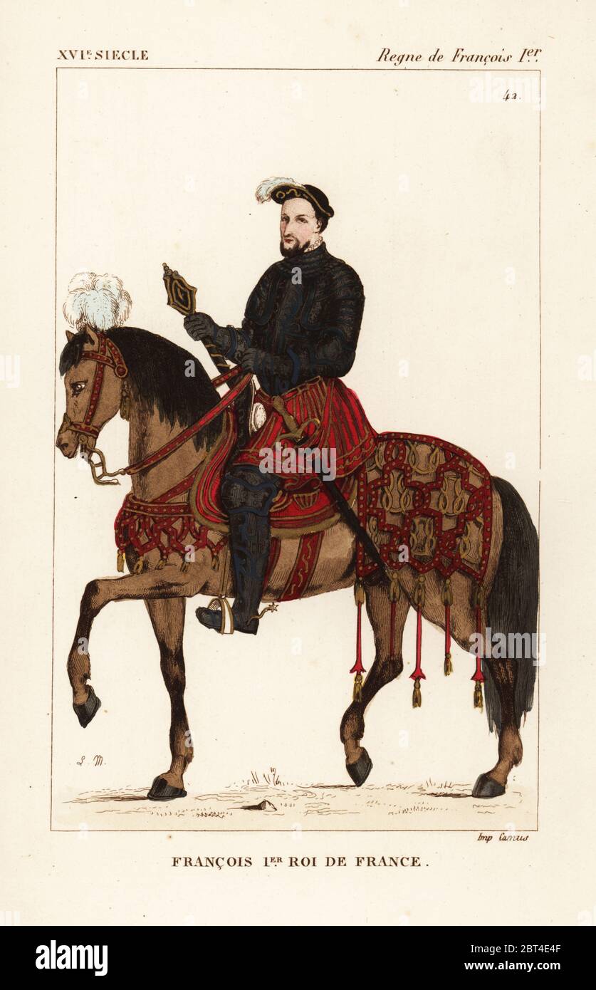 King Francis I of France. Francois I, roi de France, 1494-1547. On  horseback in battle costume: black suit of armour, red tonlet, with mace  and sword. Drawn and lithographed by Leopold Massard