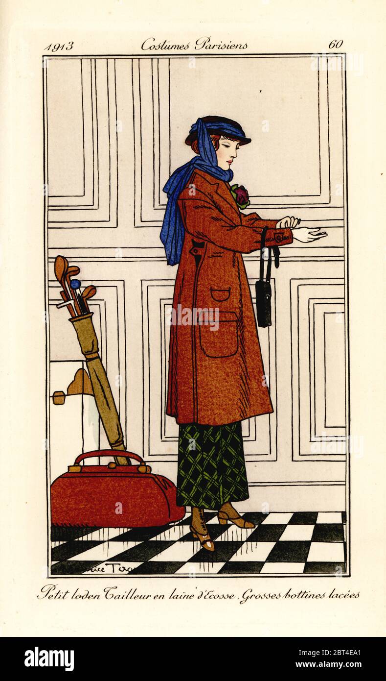 Woman in tweed coat, check skirt and high laced booties. Golf bag and  weekend bag behind her. Petit loden tailleur en laine dEcosse, grosses  bottines lacees. Handcoloured pochoir (stencil) etching after an