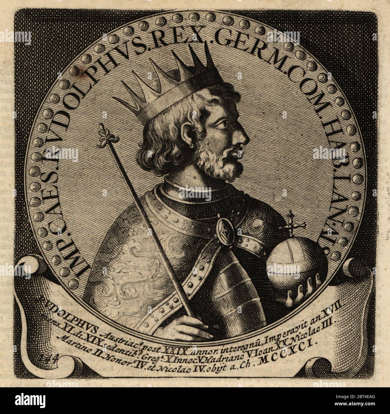 Rudolf I, King of Germany, Count of Habsburg, 1218-1291. Rudolf of Habsburg, Rudolphus Austriacus. Copperplate engraving from Abraham Bogaerts De Roomsche Monarchy, The Roman Monarchy, Francois Salma, Utrecht, 1697. Stock Photo