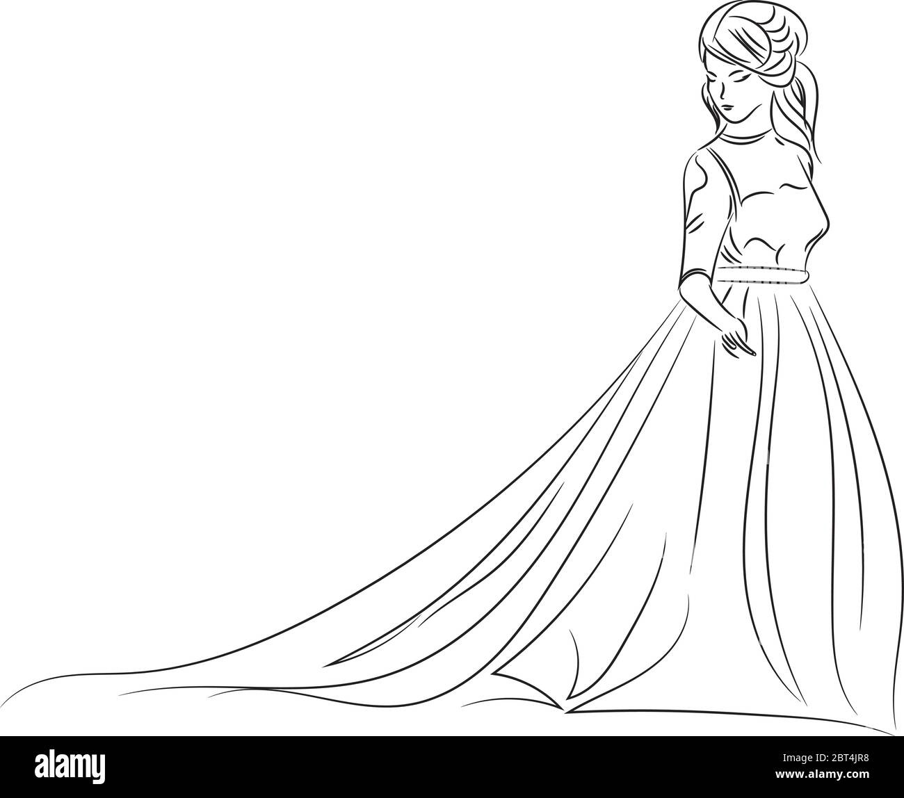 Sketch of an elegant bride in white wedding dress. Abstract hand drawn outline wedding illustration Stock Vector