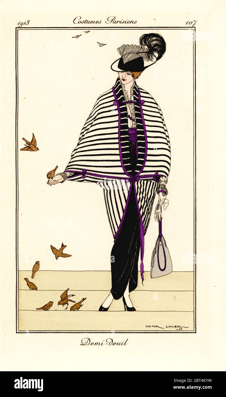 Woman in half-mourning outfit of black-and-white striped cape over a black gown. Demi-deuil. Handcoloured pochoir (stencil) etching after an illustration by Victor Lhuer from Tommaso Antonginis Journal des Dames et des Modes, Aux Bureaux du Journal des Dames, Paris, 1913. Stock Photo
