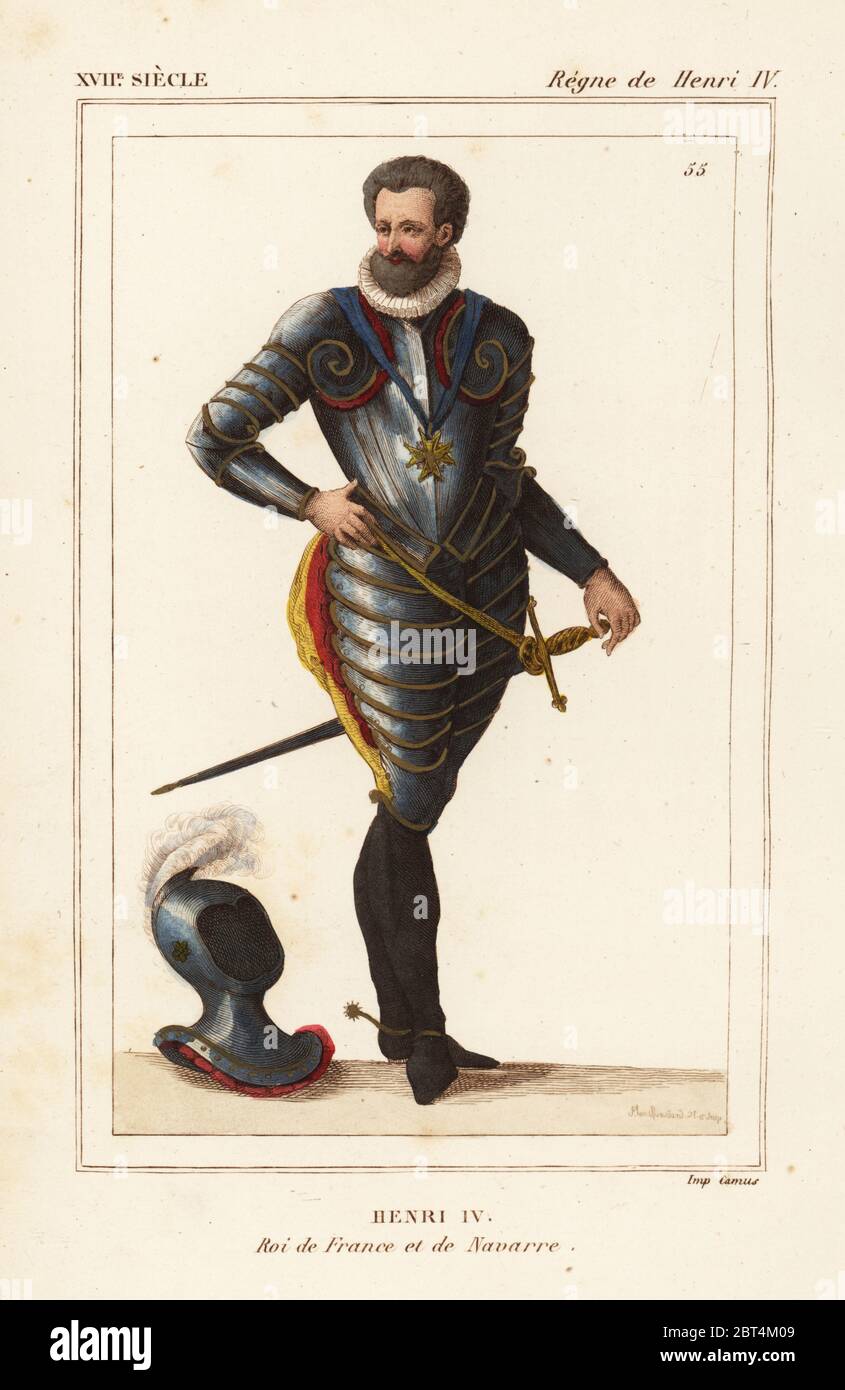 King Henry IV of France and Navarre in suit of armour. Drawn and lithographed by Alexandre Massard after a 1610 engraving from Le Bibliophile Jacob aka Paul Lacroix's Costumes Historiques de la France (Historical Costumes of France), Administration de Librairie, Paris, 1852. Stock Photo