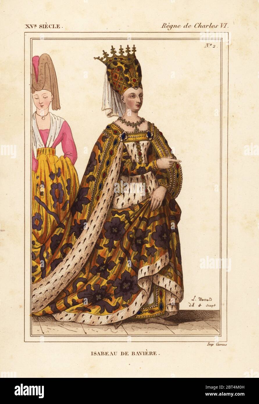 Isabelle of Bavaria, Isabelle de Baviere, wife of King Charles VI of France, 1371-1435. Handcoloured lithograph by Leopold Massard after a contemporary painting in Roger de Gaignieres' portfolio V 6 from Le Bibliophile Jacob aka Paul Lacroix's Costumes Historiques de la France (Historical Costumes of France), Administration de Librairie, Paris, 1852. Stock Photo