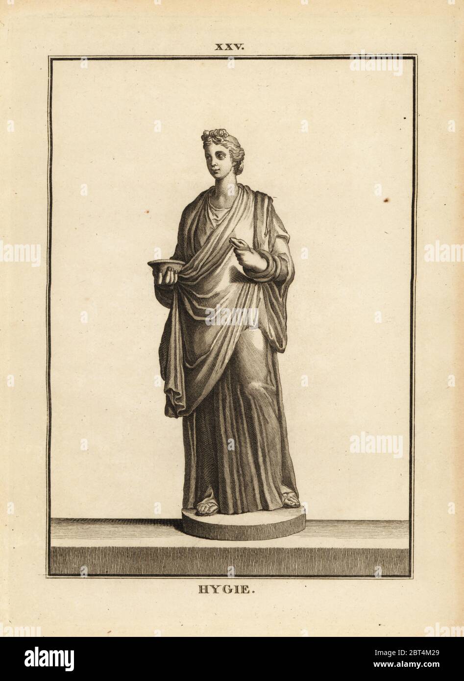 Hygieia, Greek and Roman goddess of health and cleanliness, daughter of the god of medicine Asclepius. Copperplate engraving by Francois-Anne David from Museum de Florence, ou Collection des Pierres Gravees, Statues, Medailles, Chez F.A. David, Paris, 1787. David (1741-1824) drew and engraved the illustrations based on Roman statues, engraved stones and medals in the collection of the Museum de Florence and the cabinet of curiosities of the Grand Duke of Tuscany. Stock Photo