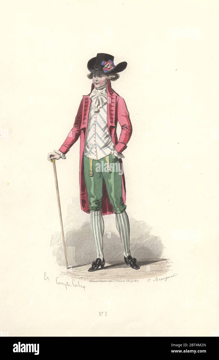 Fashionable dandy man in pink coat, green breeches, bonnet with rosette, striped stockings and cane. Era of Marie Antoinette. Handcolored engraving by E. Bracquet after an illustration by Francois-Claudius Compte-Calix from Costume de lEpoque de Louis XVI. Paris, 1869. Stock Photo