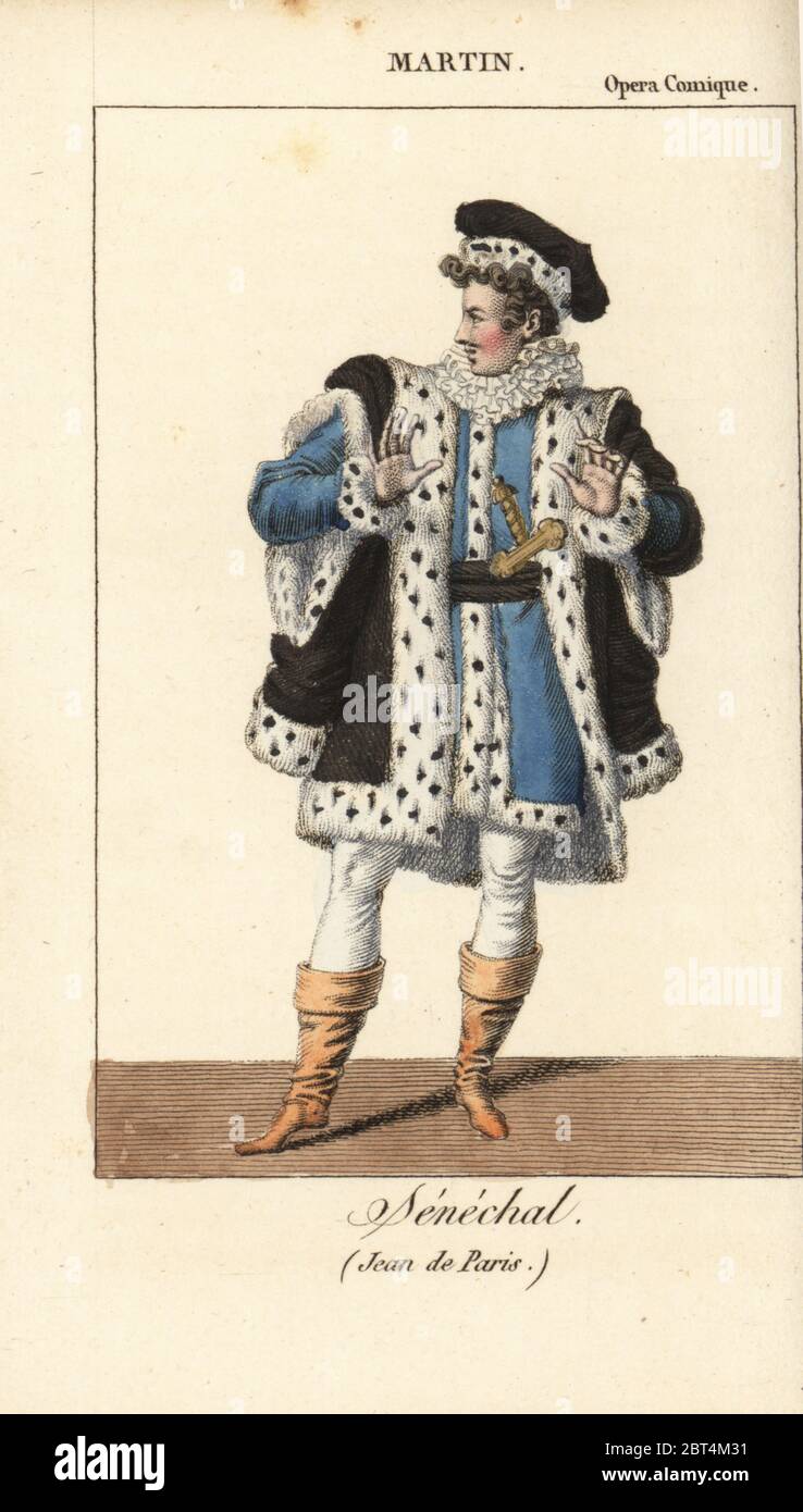 French opera tenor Jean-Blaise Martin 1768-1837 as Senechal in the comic opera Jean de Paris by Francois-Adrien Boieldieu at the Opera Comique, Paris. Handcoloured copperplate engraving from Charles Malo's Almanach des Spectacles par K. et Z, Chez Janet, Paris, 1818. Stock Photo