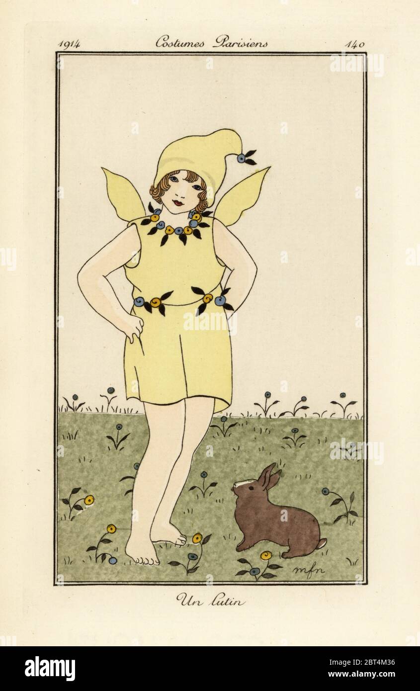 Little girl in yellow dress as an imp or fairy. Un lutin. Handcoloured pochoir (stencil) etching after an illustration by Marie-Madeleine Franc-Nohain from Tommaso Antonginis Journal des Dames et des Modes, Aux Bureaux du Journal des Dames, Paris, 1912.-1914. Stock Photo