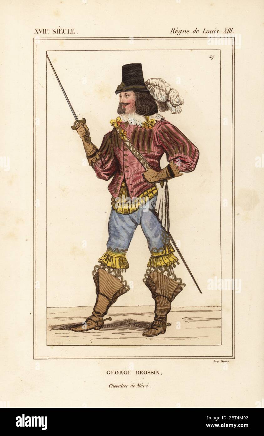 George Brossin, Chevalier de Mere, soldier and writer, 1610-1685.  Handcoloured lithograph after an engraved portrait from Le Bibliophile  Jacob aka Paul Lacroix's Costumes Historiques de la France (Historical  Costumes of France), Administration