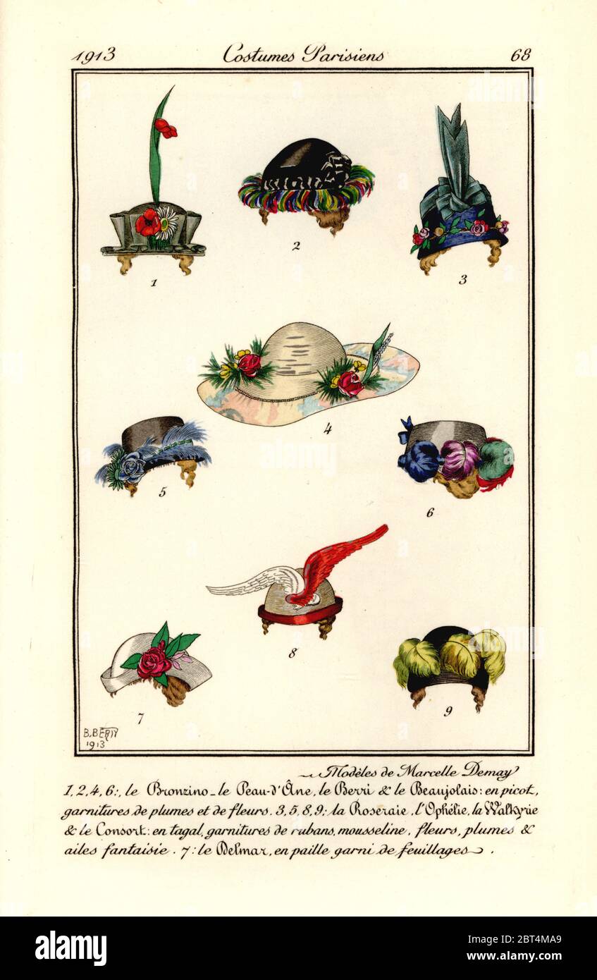 Womens hat designs by milliner Marcelle Demay. Modeles de Marcelle Demay. Handcoloured pochoir (stencil) etching after an illustration by B. Berty from Tommaso Antonginis Journal des Dames et des Modes, Aux Bureaux du Journal des Dames, Paris, 1913. Stock Photo