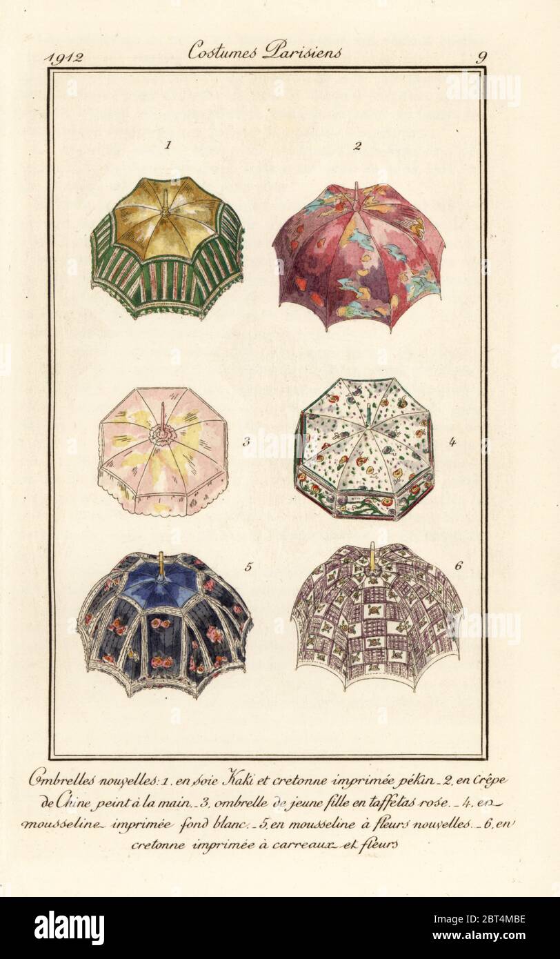 New umbrella and parasol designs for 1912. Ombrelles nouveau. Handcoloured pochoir (stencil) etching from Tommaso Antonginis Journal des Dames et des Modes, Aux Bureaux du Journal des Dames, Paris, 1912. Stock Photo
