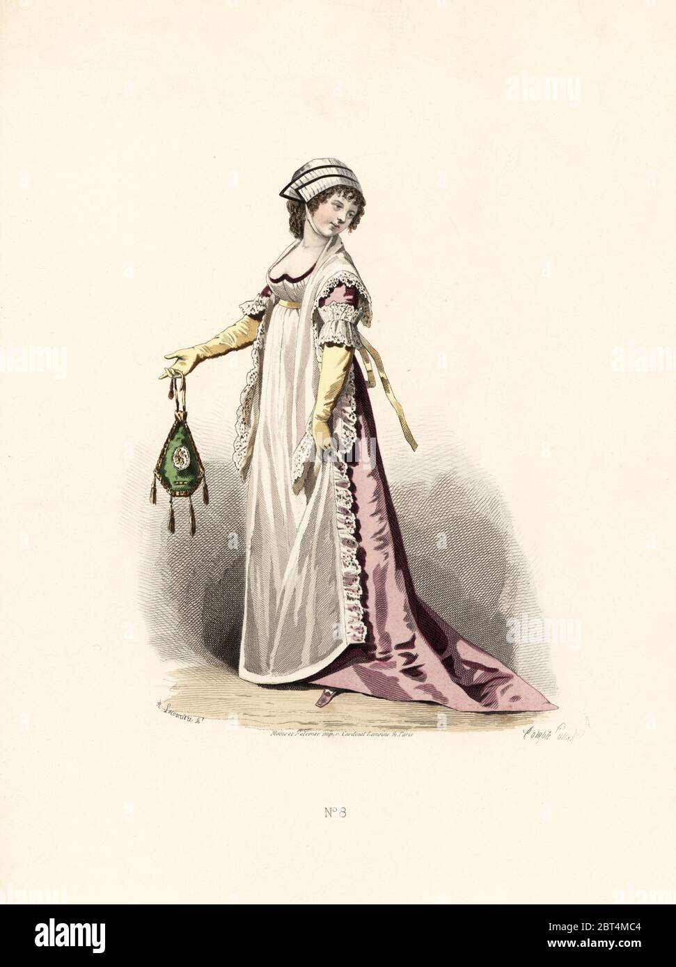 Woman in pansy-coloured dress, chiffon apron, cornette a la paysanne hat,  long gloves and lace shawl. Handcoloured lithograph by A. Lacourriere after  an illustration by Francois-Claudius Compte-Calix from Les Modes Parisienne  sous