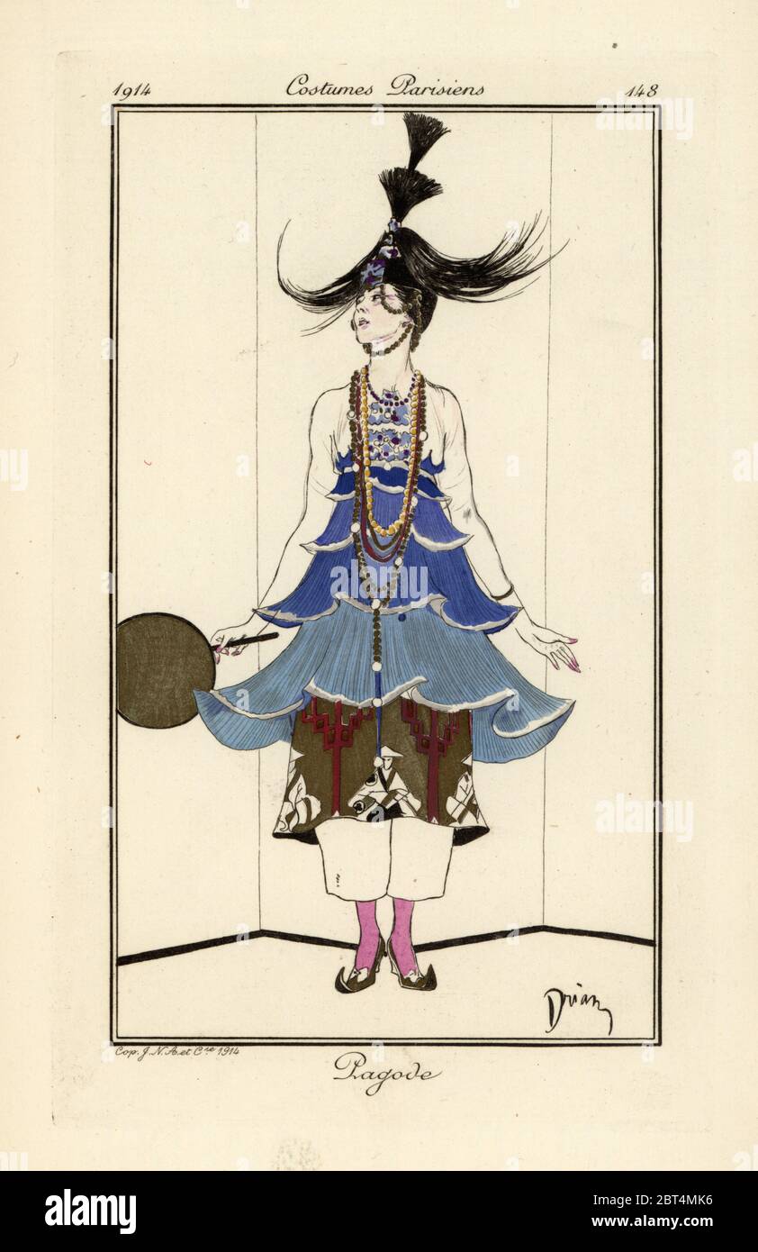 Woman in a blue pagoda dress with necklaces and pantaloons. Pagode. Handcoloured pochoir (stencil) etching after an illustration by Adrien Etienne Drian from Tommaso Antonginis Journal des Dames et des Modes, Aux Bureaux du Journal des Dames, Paris, 1914. Stock Photo