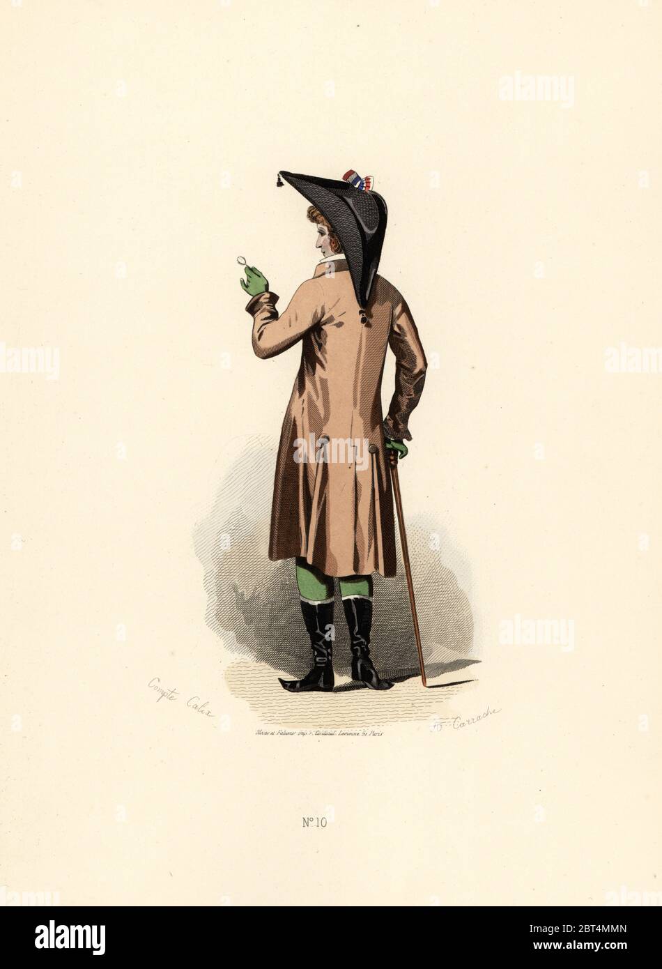 Man in hazelnut colour coat, green culottes and gloves, black boots and hat with tricolor cockade. Handcoloured lithograph by A. Carrache after an illustration by Francois-Claudius Compte-Calix from Les Modes Parisienne sous le Directoire Aux Bureaux des Modes Parisiennes, Paris, 1871. Stock Photo