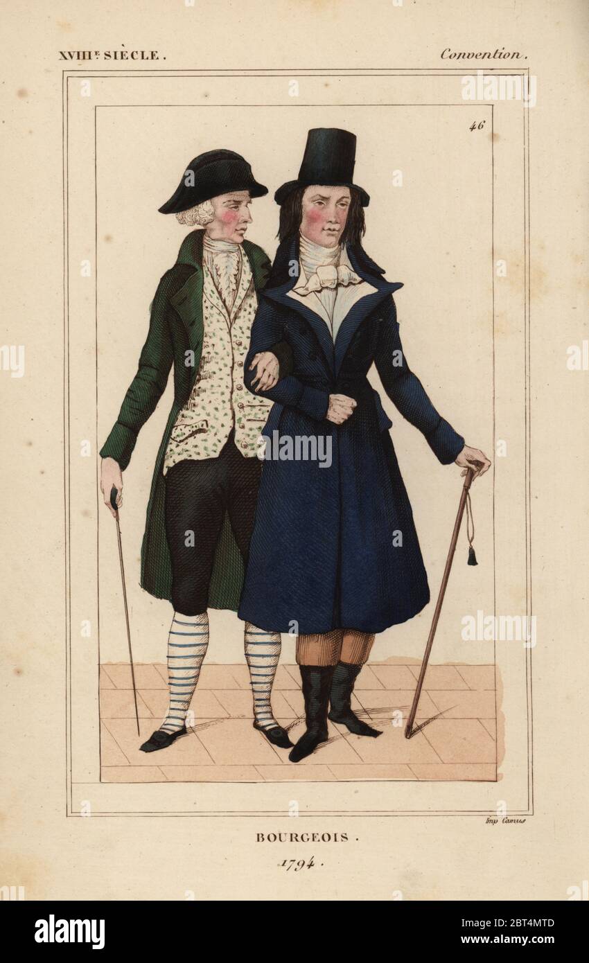 Bourgeois men, 1794, French National Convention era. Old man in the ancien  style, and young man in the revolutionary style with white gilet a la  Robespierre. Handcoloured lithograph from Le Bibliophile Jacob