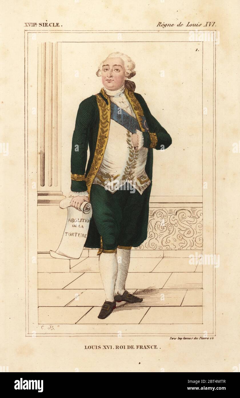 King Louis XVI of France, costume of 1776 with sash of the Order of the Holy Spirit. Handcoloured lithograph by Charles Breton after a portrait in Versailles from Le Bibliophile Jacob aka Paul Lacroix's Costumes Historiques de la France (Historical Costumes of France), Administration de Librairie, Paris, 1852. Stock Photo