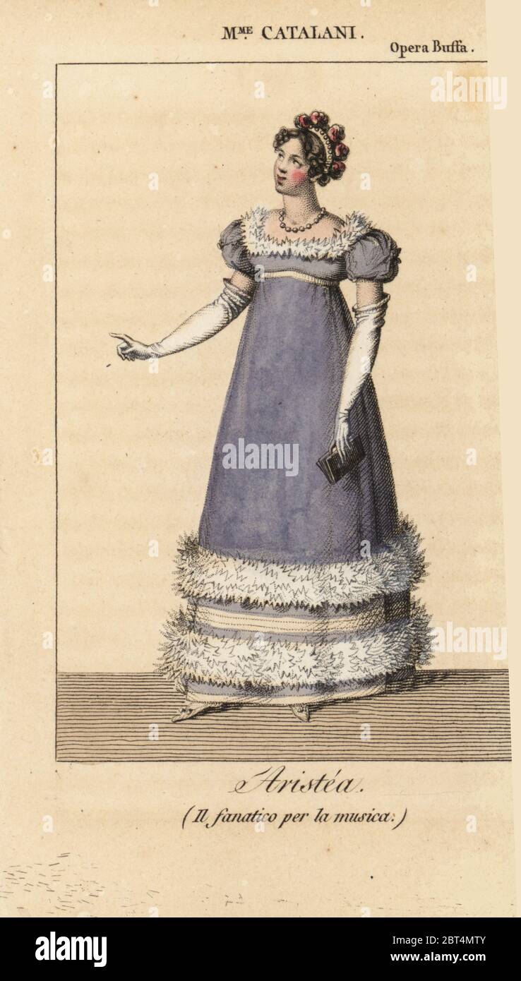 Italian opera singer Mme. Angelica Catalini (1780-1849) as Aristea in Il fanatico per la musica by Simon Mayr at the Opera Buffe, Paris. Handcoloured copperplate engraving from Charles Malo's Almanach des Spectacles par K. et Z, Chez Janet, Paris, 1818. Stock Photo