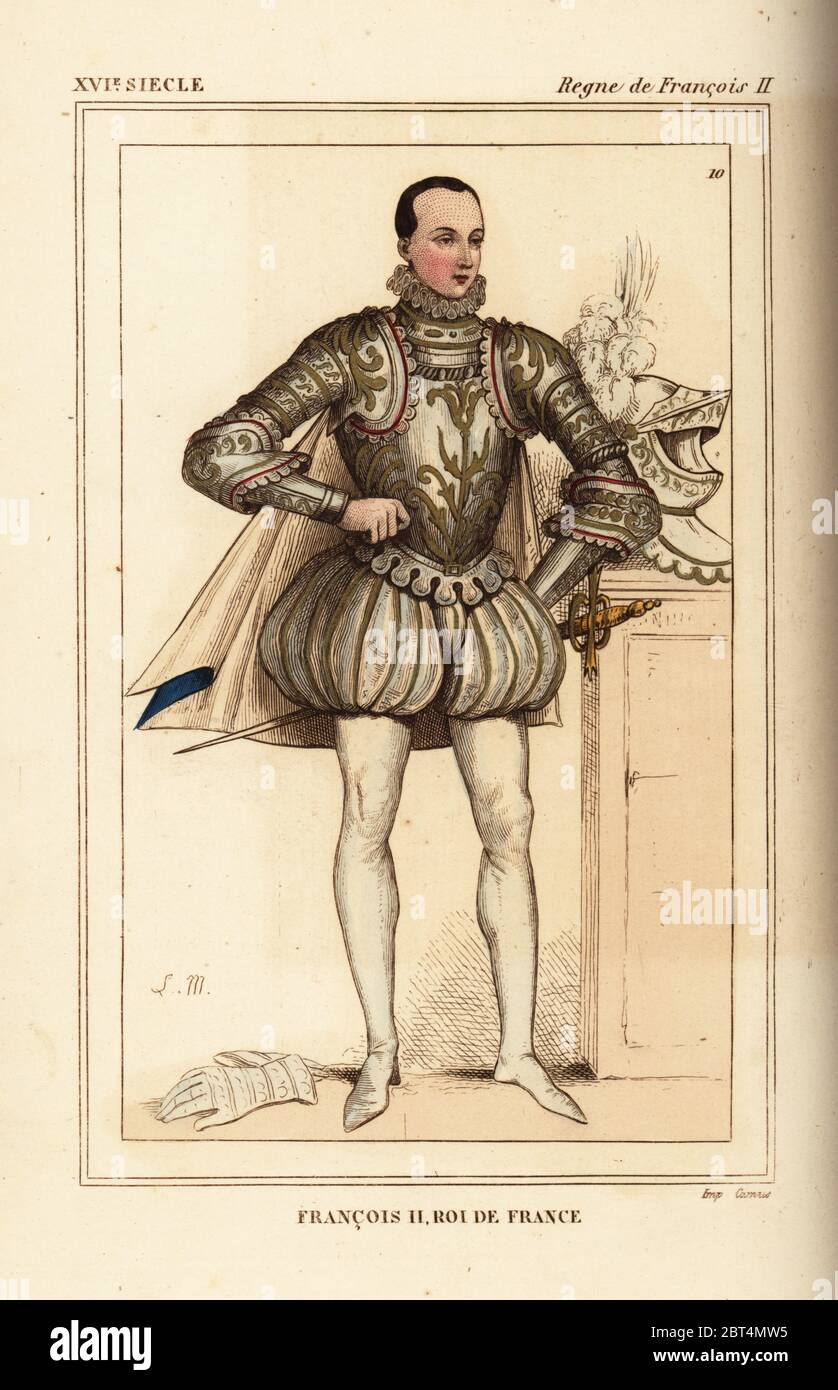 King Francis II of France in armour with helm and gauntlets. Illustration drawn and lithographed by Leopold Massard after a portrait in Roger de Gaignieres' gallery portfolio IX 3 from Le Bibliophile Jacob aka Paul Lacroix's Costumes Historiques de la France (Historical Costumes of France), Administration de Librairie, Paris, 1852. Stock Photo