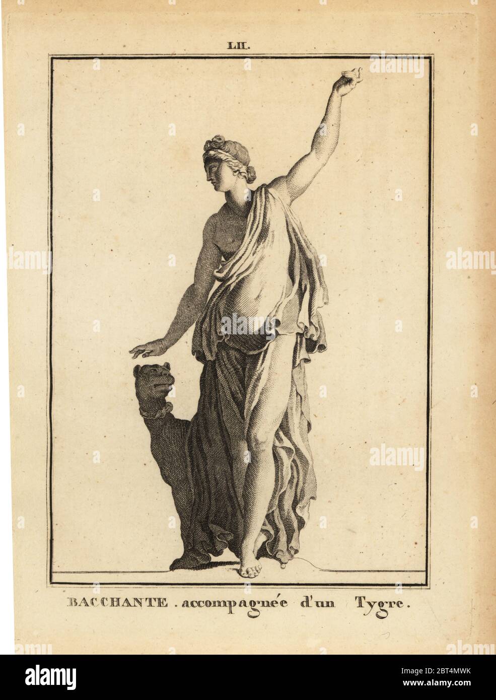 Statue of a Bacchante, follower of the Roman god of wine Bacchus, with a tiger. Copperplate engraving by Francois-Anne David from Museum de Florence, ou Collection des Pierres Gravees, Statues, Medailles, Chez F.A. David, Paris, 1787. David (1741-1824) drew and engraved the illustrations based on Roman statues, engraved stones and medals in the collection of the Museum de Florence and the cabinet of curiosities of the Grand Duke of Tuscany. Stock Photo