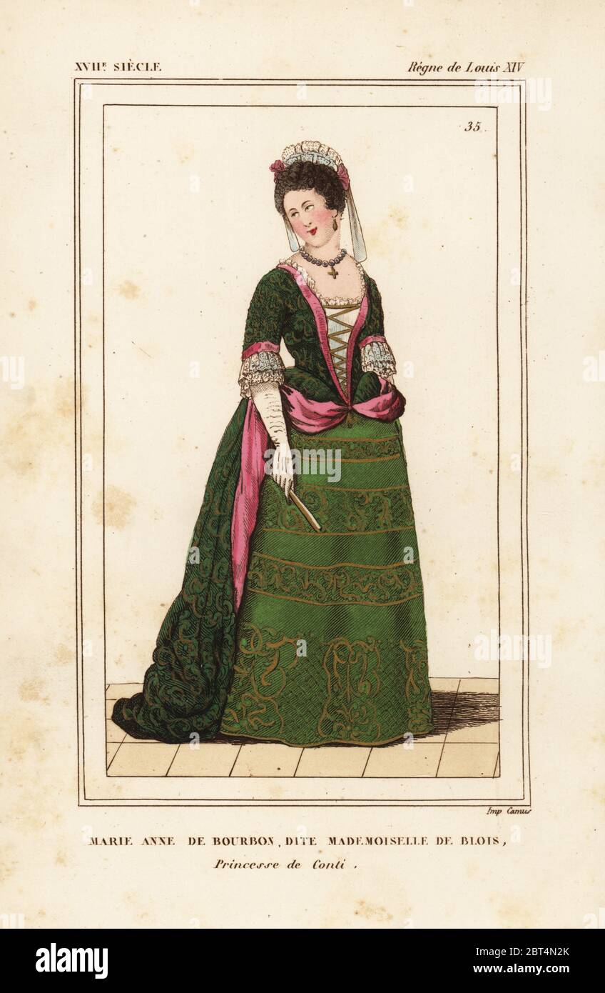 Marie Anne de Bourbon, Mademoiselle de Blois, Princesse de Conti 1666-1739.  Handcoloured lithograph after a portrait in Roger de Gaignieres' gallery  portfolio X 63 from Le Bibliophile Jacob aka Paul Lacroix's Costumes