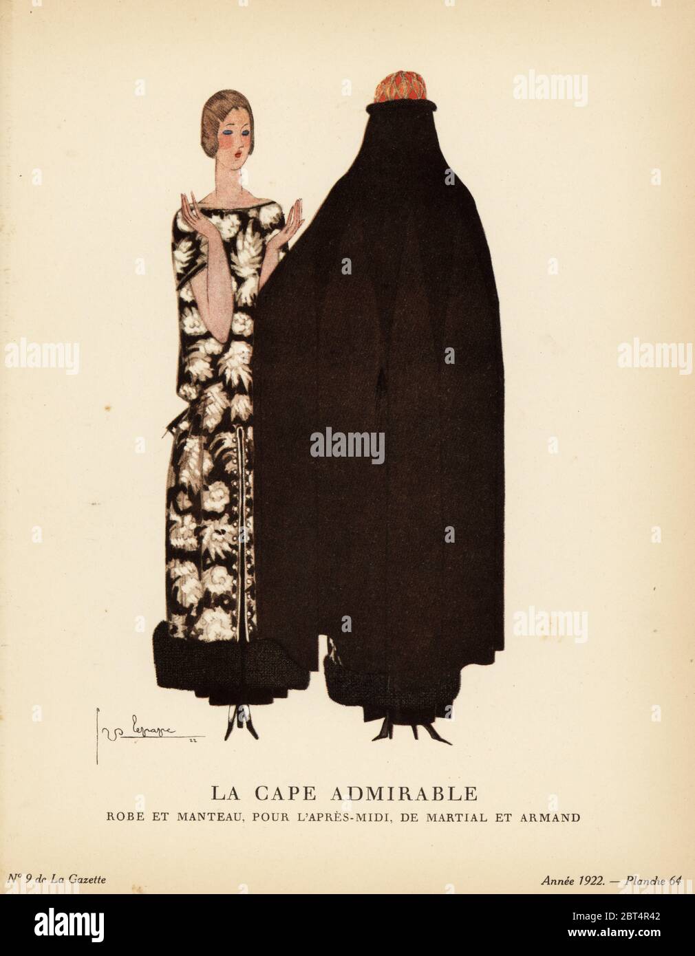 Woman in afternoon dress and cape. The tunic dress is black velvet embroidered in white and silver, trimmed with fox fur, the cape in black velvet lined with otter. La cape admirable. Une robe et un manteau d'apres-midi, de Martial et Armand, faits pour aller ensemble. La robe est un broche blanc et argent sur fond de velours noir; la tunique, ouverte devant, est bordee de renard noir, Grande cape en velours noir, doublee de loutre. Handcoloured pochoir lithograph by Georges Lepape from Lucien Vogels Le Bon Genre: 100 Plates from Gazette du Bon Ton, Brentanos, Paris, 1922. Stock Photo