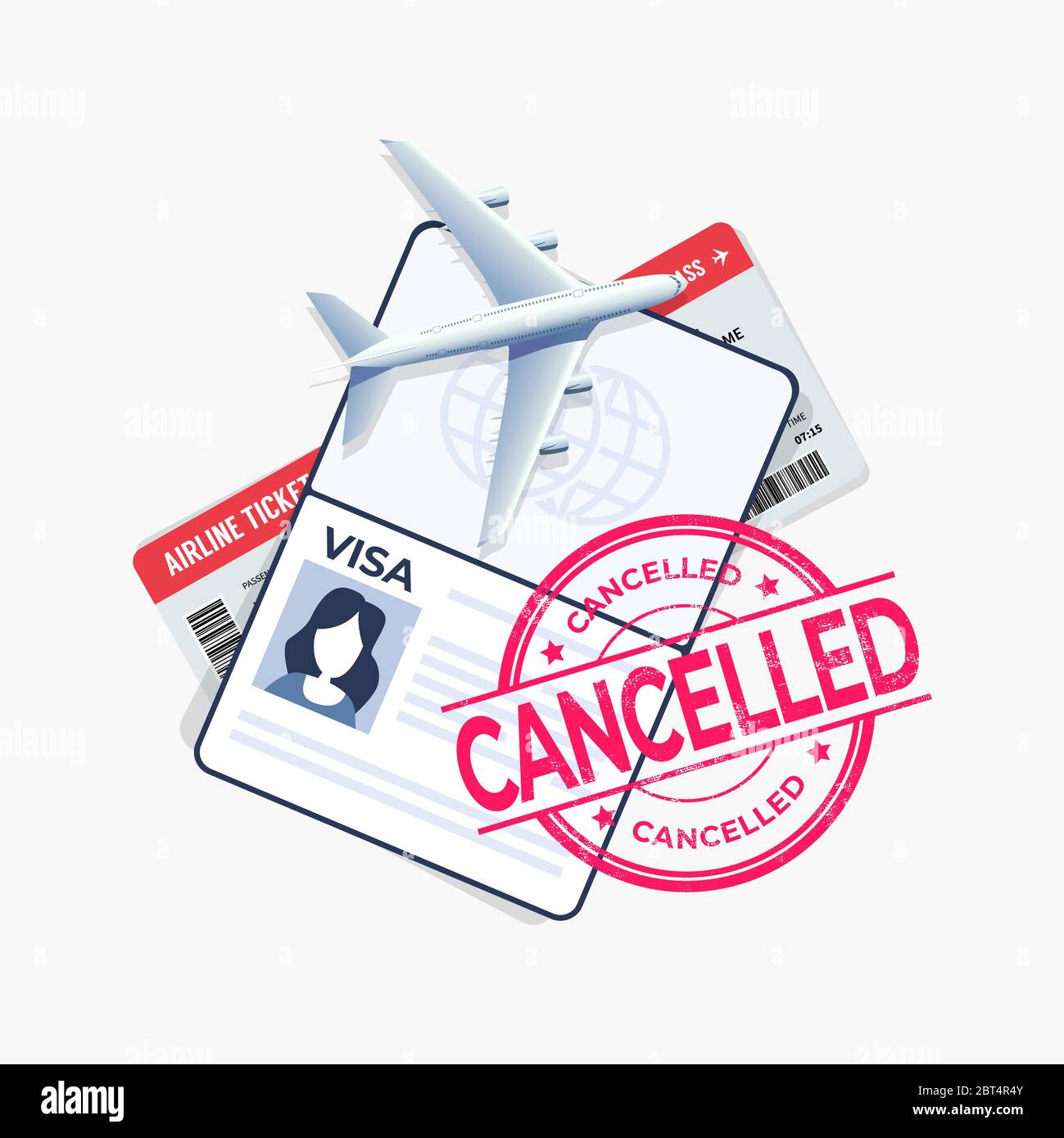 The flight is cancelled with the passport and travel ticket. Stock Vector