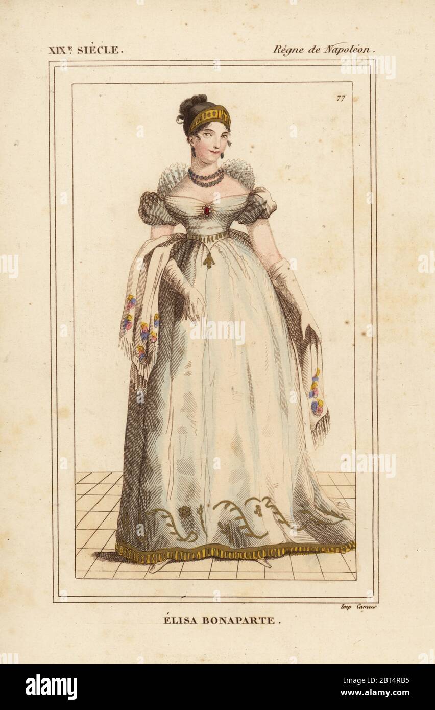 Elisa Bonaparte, Duchess of Tucscany, Princess of Lucca, sister of Napoleon 1777-1820. Handcoloured lithograph from Le Bibliophile Jacob aka Paul Lacroix's Costumes Historiques de la France (Historical Costumes of France), Administration de Librairie, Paris, 1852. Stock Photo