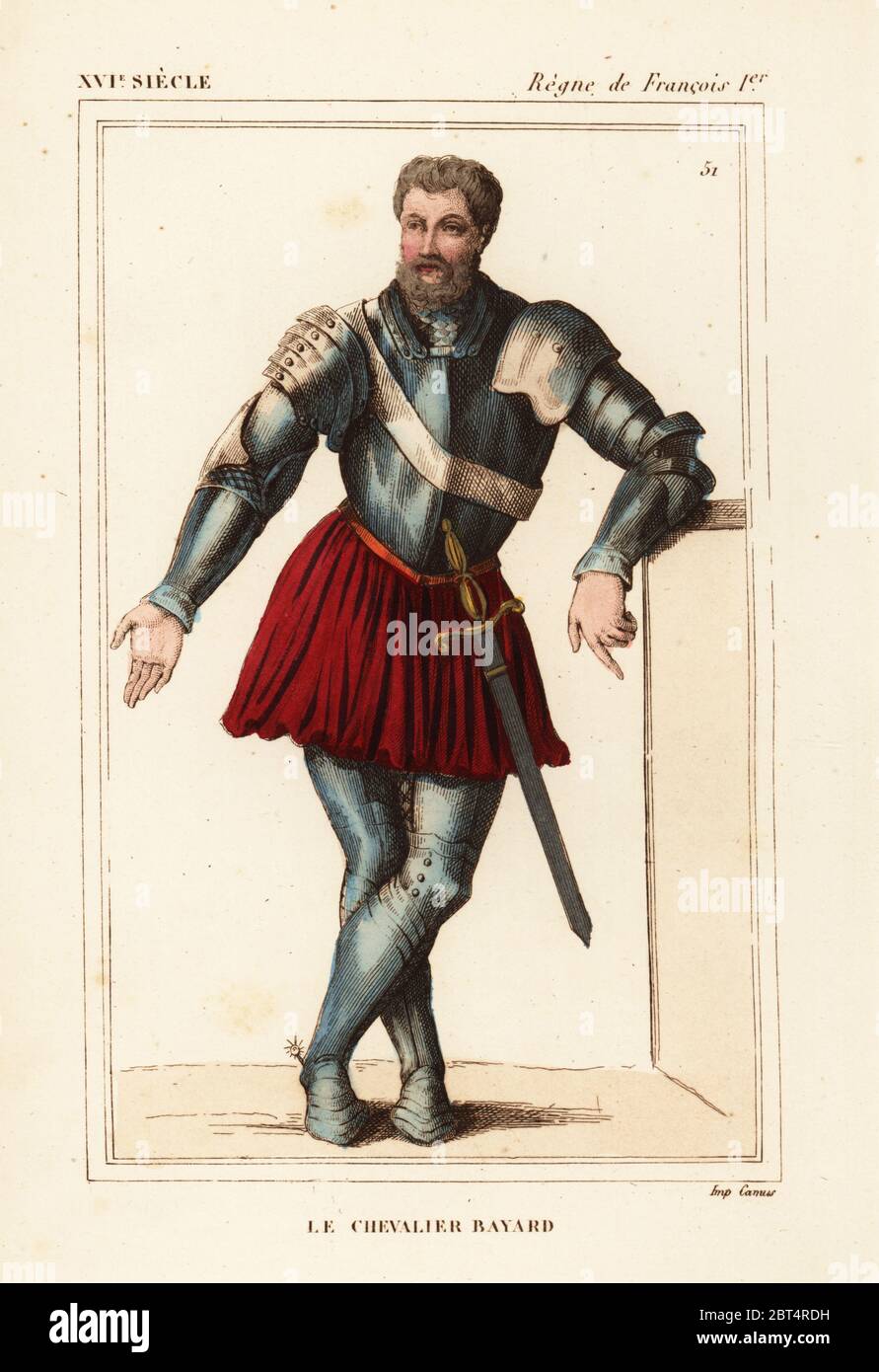 Le Chevalier Bayard, Pierre Terrail, French knight 1473-1524. He wears a  suit of armour with red tonlet and sword. Handcoloured lithograph after an  ancient portrait held by the Terrail family from Le