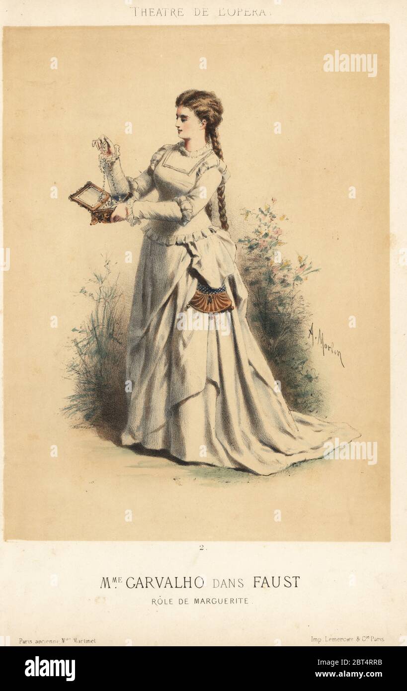 Marie Caroline Miolan-Carvalho, French soprano, in the role of Marguerite in Charles Gounod's Faust at the Theatre de l'Opera, 1870s. Handcoloured lithograph by A. Morlon published by Martinet, Paris, 1870s. Stock Photo