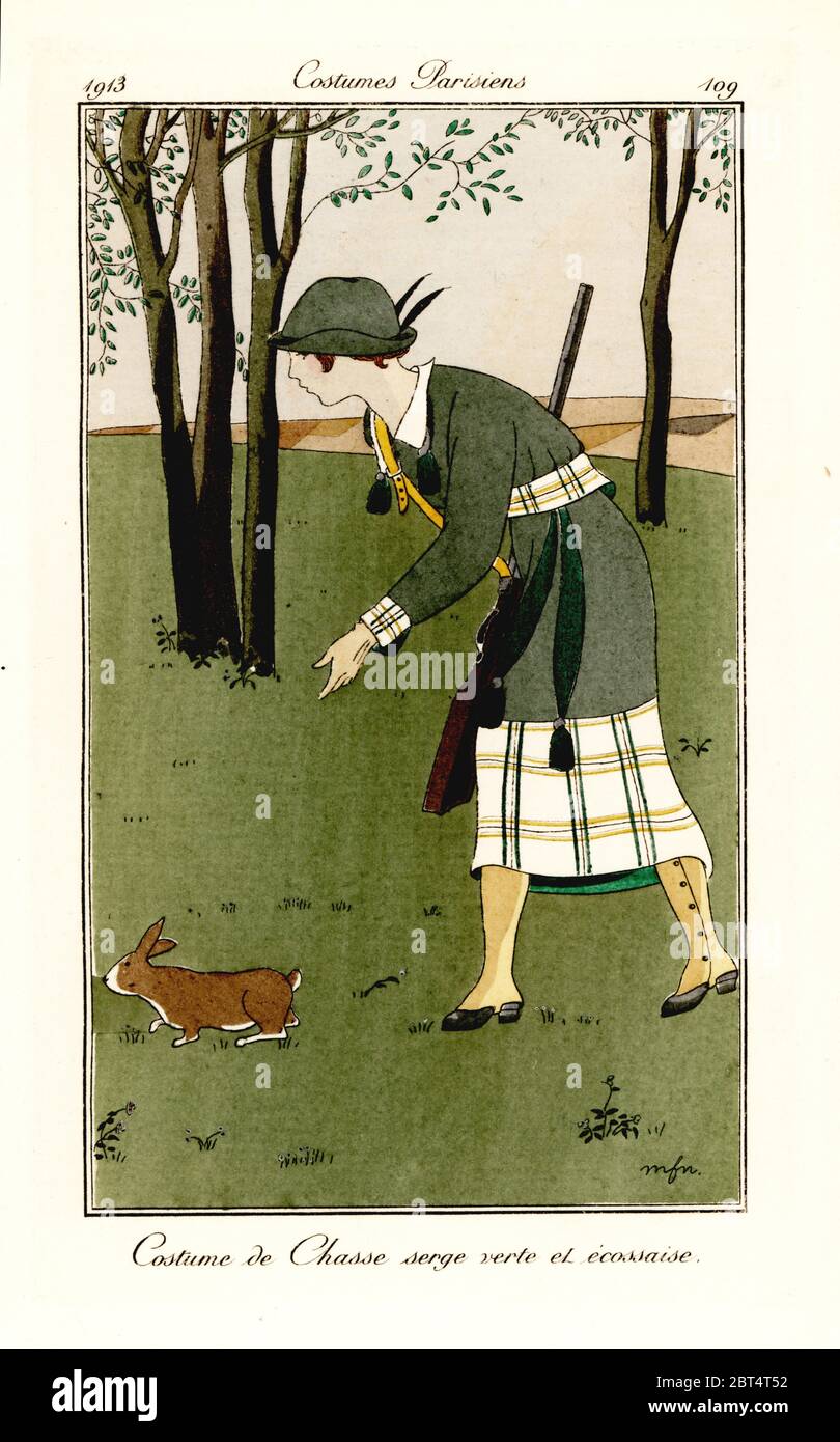 Woman with shotgun in hunting outfit of green and tartan serge. Costume de chasse serge verte et ecossaise. Handcoloured pochoir (stencil) etching after an illustration by Marie-Madeleine Franc-Nohain from Tommaso Antonginis Journal des Dames et des Modes, Aux Bureaux du Journal des Dames, Paris, 1913. Stock Photo