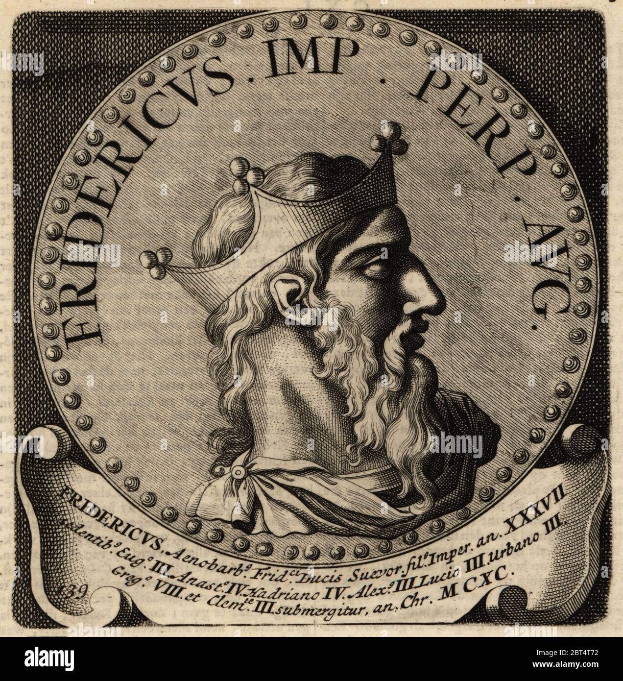 Holy Roman Emperor Frederick I, 1122-1190. Frederick Barbarossa, Red Beard, Fridericus Aenobarbus, King of Germany, King of Italy. Copperplate engraving from Abraham Bogaerts De Roomsche Monarchy, The Roman Monarchy, Francois Salma, Utrecht, 1697. Stock Photo