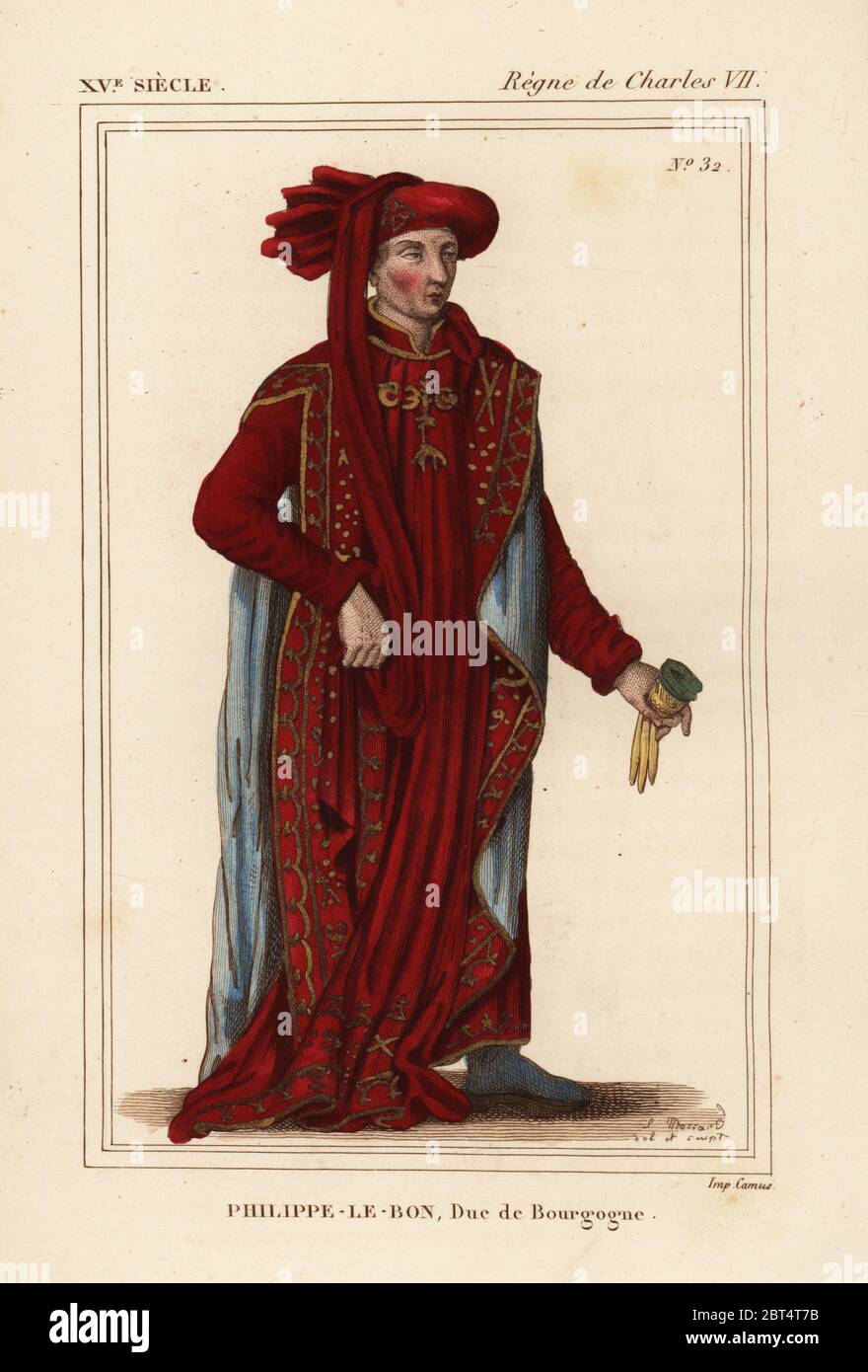 Philippe III, le Bon, Duke of Burgundy, duc de Bourgogne, 1396-1467. He is depicted in the ceremonial robes of the Order of the Golden Fleece, founded in 1430. Handcoloured lithograph by Leopold Massard after a portrait in Roger de Gaignieres' portfolio Maisons etrangeres XI 29 from Le Bibliophile Jacob aka Paul Lacroix's Costumes Historiques de la France (Historical Costumes of France), Administration de Librairie, Paris, 1852. Stock Photo