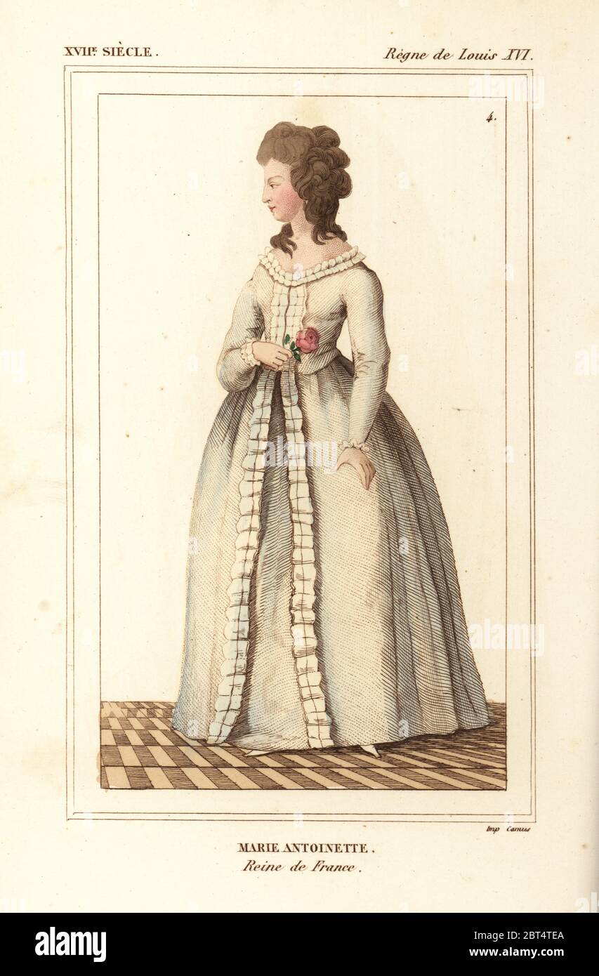 Marie Antoinette, Queen of France, wife to King Louis XVI. In the costume she wore when confined in the Temple prison, 1792. Handcoloured lithograph from Le Bibliophile Jacob aka Paul Lacroix's Costumes Historiques de la France (Historical Costumes of France), Administration de Librairie, Paris, 1852. Stock Photo