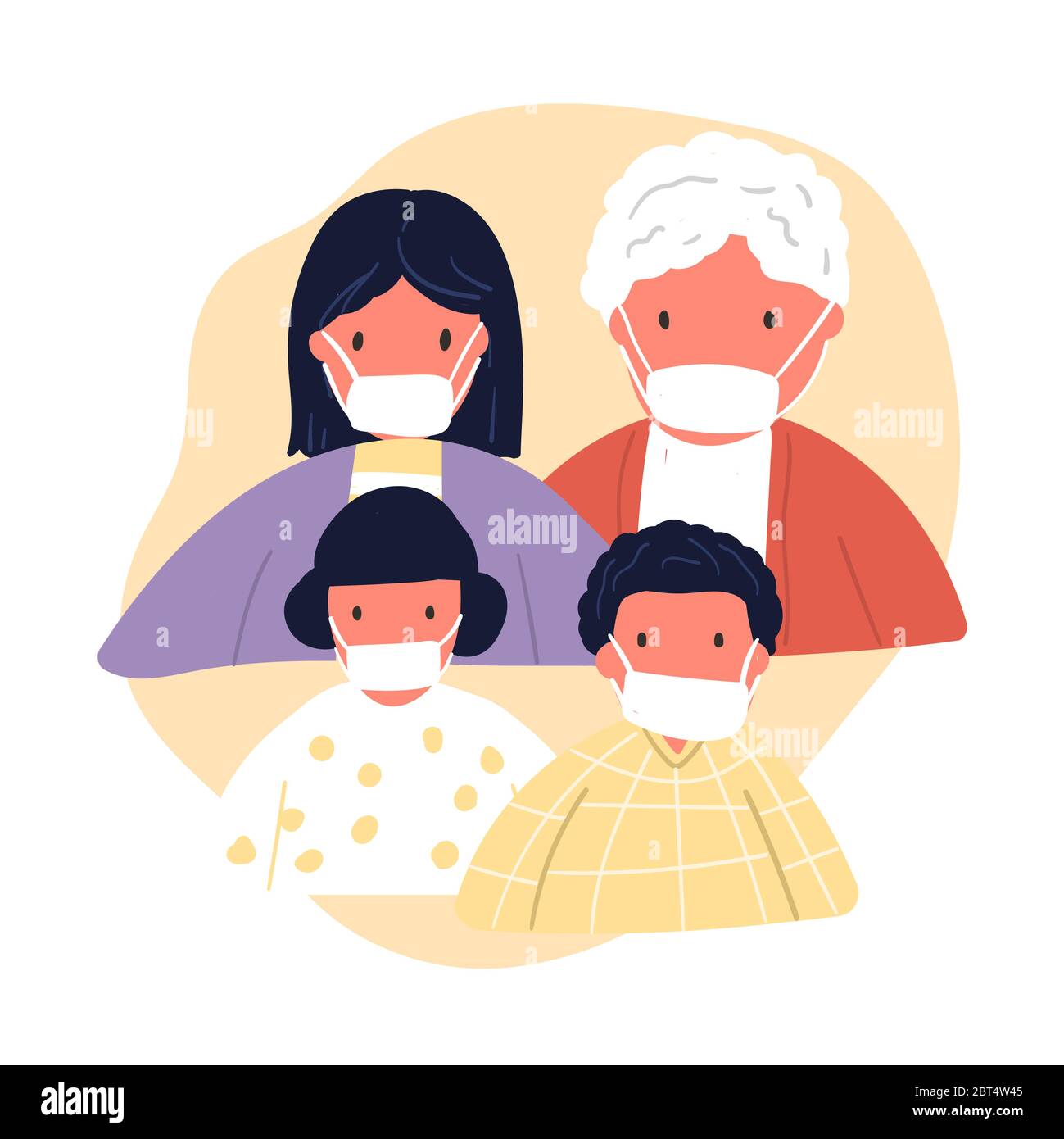 Family wearing protective medical face mask. Dad Mom Daughter and Son