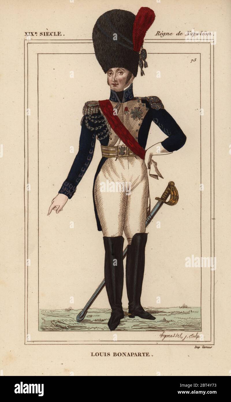 Louis Bonaparte, King of Holland, younger brother of Napoleon, 1778-1846. In the uniform of a colonel in the carabiniers. Handcoloured lithograph by Legenissel from Le Bibliophile Jacob aka Paul Lacroix's Costumes Historiques de la France (Historical Costumes of France), Administration de Librairie, Paris, 1852. Stock Photo