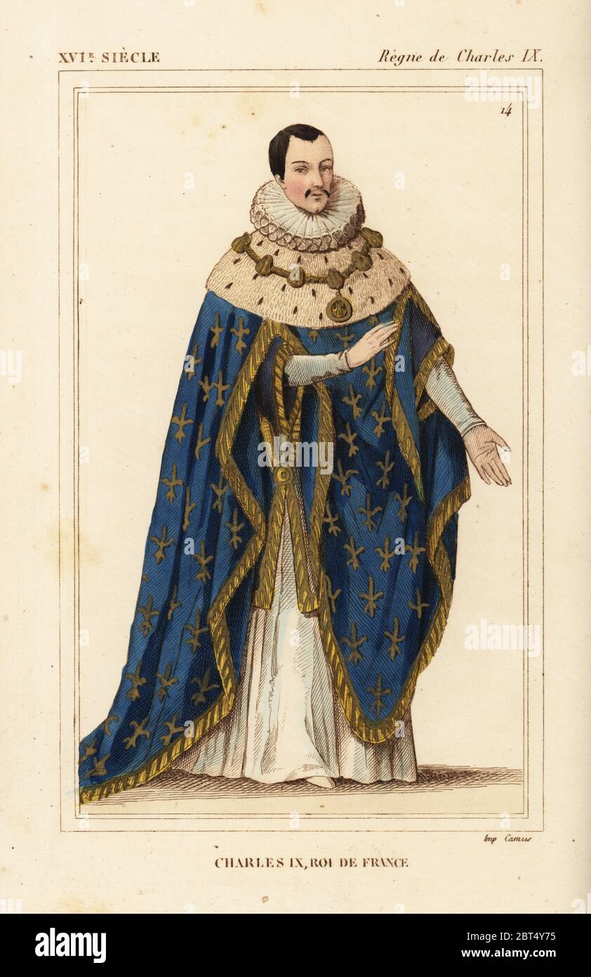 King Charles IX of France in ceremonial robes. Handcoloured lithograph  after a portrait in Roger de Gaignieres' gallery (portfolio IX 7 bis) from  Le Bibliophile Jacob aka Paul Lacroix's Costumes Historiques de