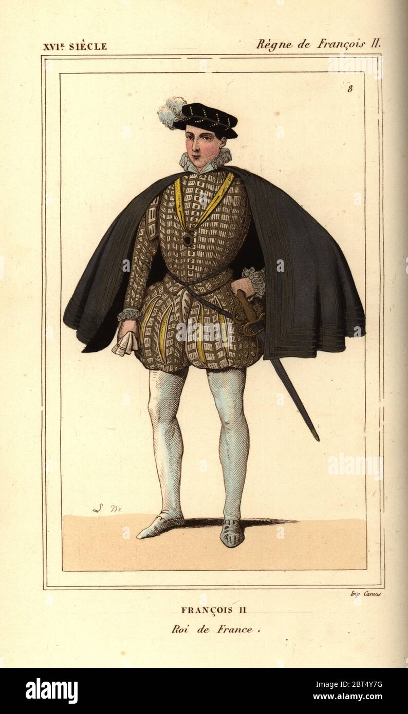 King Francis II of France, Francois II, as a young prince. Handcoloured lithograph drawn by Leopold Massard after a portrait in Roger de Gaignieres' gallery portfolio IX 1 from Le Bibliophile Jacob aka Paul Lacroix's Costumes Historiques de la France (Historical Costumes of France), Administration de Librairie, Paris, 1852. Stock Photo