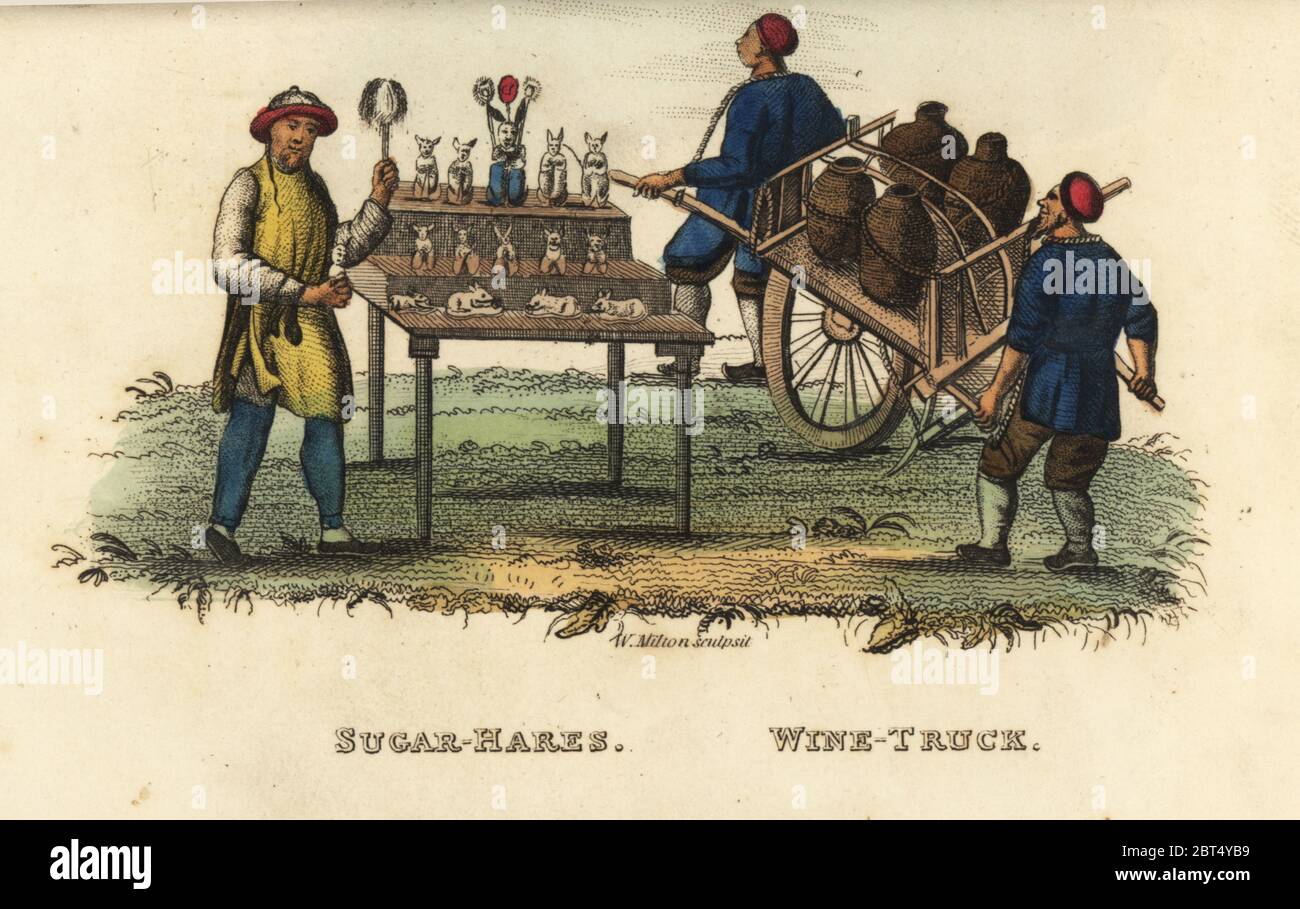 Chinese seller of sugar hares or mooncakes at the 4th moon, and truck to carry Chinese wine, beer brewed from millet, Qing Dynasty. Handcoloured copperplate engraving by Andrea Freschi after Antoine Cardon from Henri-Leonard-Jean-Baptiste Bertin and Jean Baptiste Joseph Breton's China, Its Costumes, Arts, Manufactures, etc., Howlett and Brimmer, London, 1824. Stock Photo