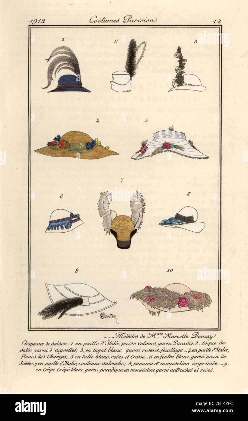 New hat designs by Mme. Marcelle Demay, Paris. Modeles de Mme. Marcelle Demay. Handcoloured pochoir (stencil) etching after an illustration by Charles Martin from Tommaso Antonginis Journal des Dames et des Modes, Aux Bureaux du Journal des Dames, Paris, 1912. Stock Photo