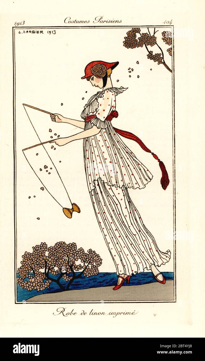Woman In Dress Of Printed Linen Playing A Game Of Diabolo Or Chinese Yo Yo Robe De Linon Imprime Handcoloured Pochoir Stencil Etching After An Illustration By George Barbier From Tommaso Antonginis Journal